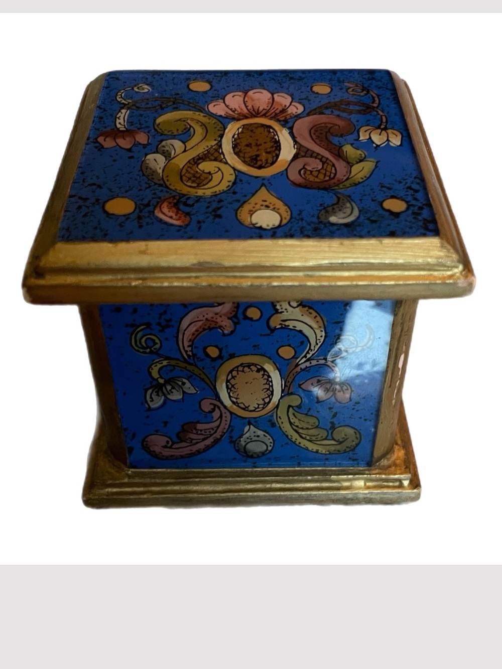 Vintage Florentine Style Reverse Hand Painted Hinged Trinket Box Blue Gold - Picture 5 of 11